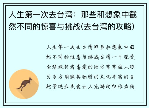 人生第一次去台湾：那些和想象中截然不同的惊喜与挑战(去台湾的攻略)