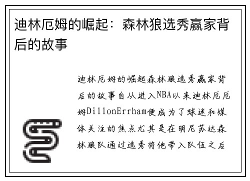 迪林厄姆的崛起：森林狼选秀赢家背后的故事