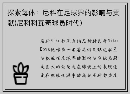 探索每体：尼科在足球界的影响与贡献(尼科科瓦奇球员时代)